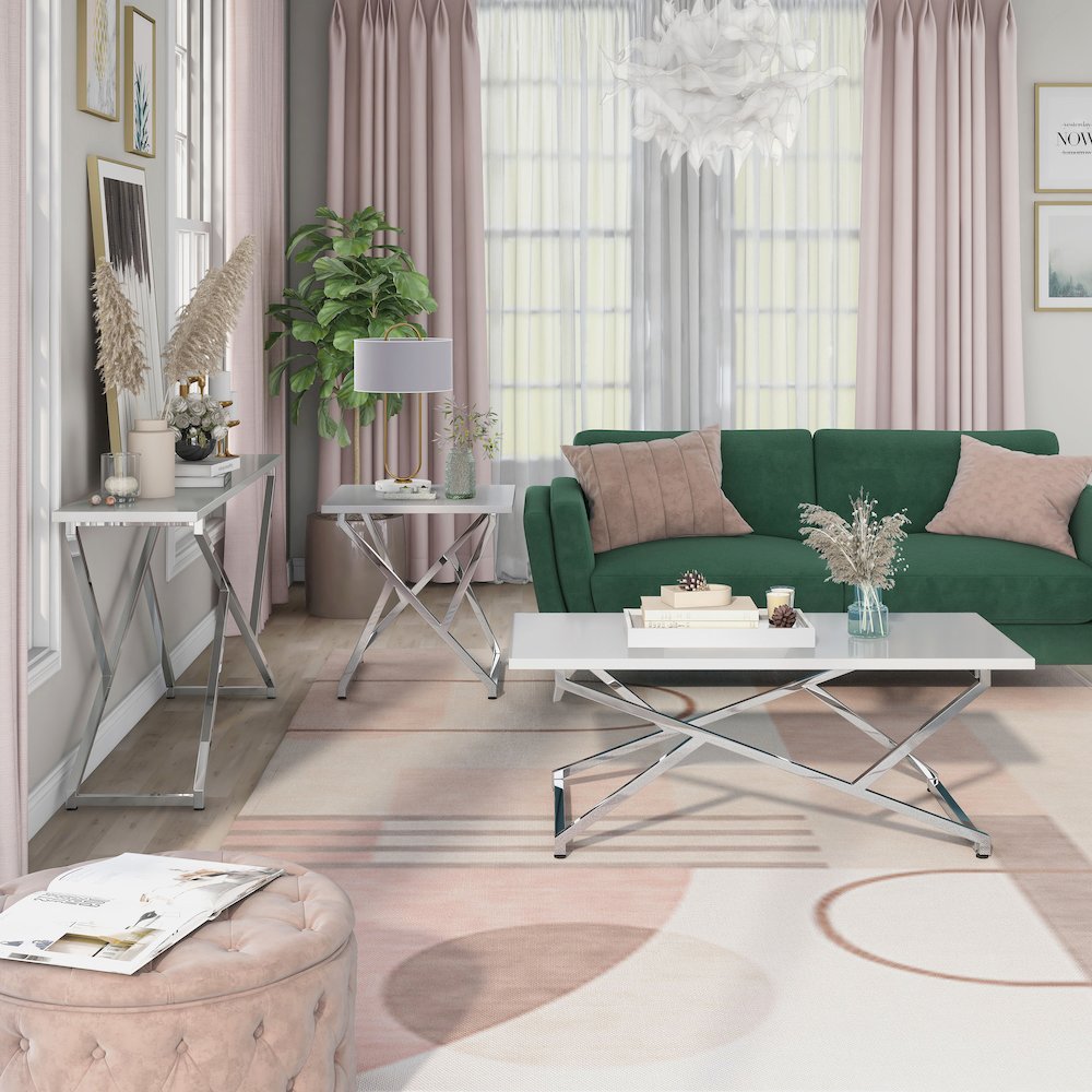 Mergo Contemporary Metal 3-Piece Coffee Table Set in White. Picture 2
