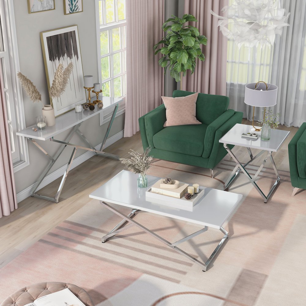 Mergo Contemporary Metal 3-Piece Coffee Table Set in White. Picture 3