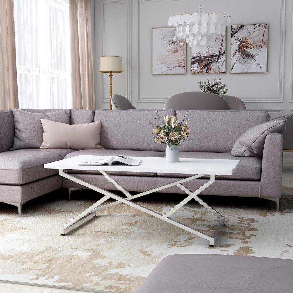 Mergo Wood Rectangular Coffee Table in Chrome and White. Picture 2