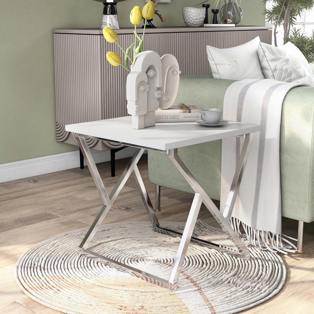 Mergo Wood Square End Table in Chrome and White. Picture 2