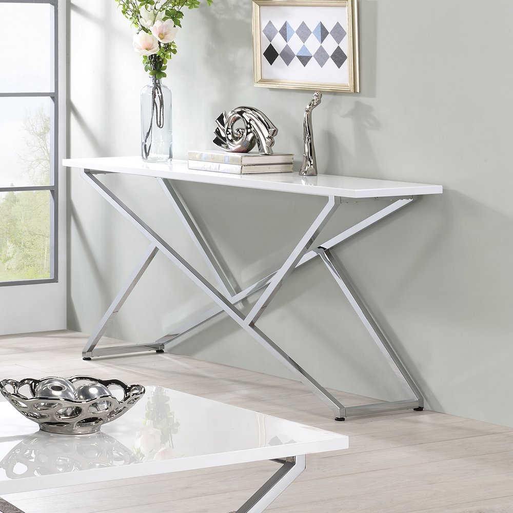 Mergo Wood Rectangular Console Table in Chrome and White. Picture 2