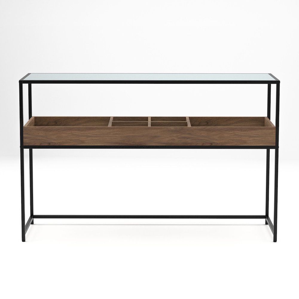Jeska Rustic Metal Sofa Table with Storage in Matte Black and Brown. Picture 1