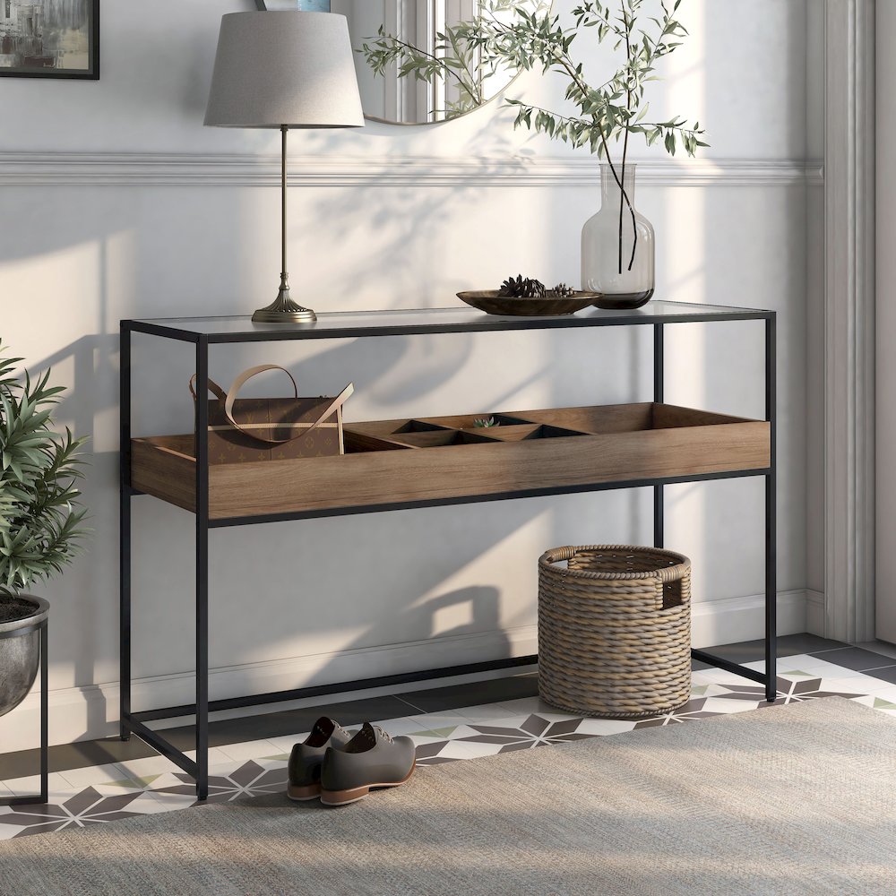 Jeska Rustic Metal Sofa Table with Storage in Matte Black and Brown. Picture 3