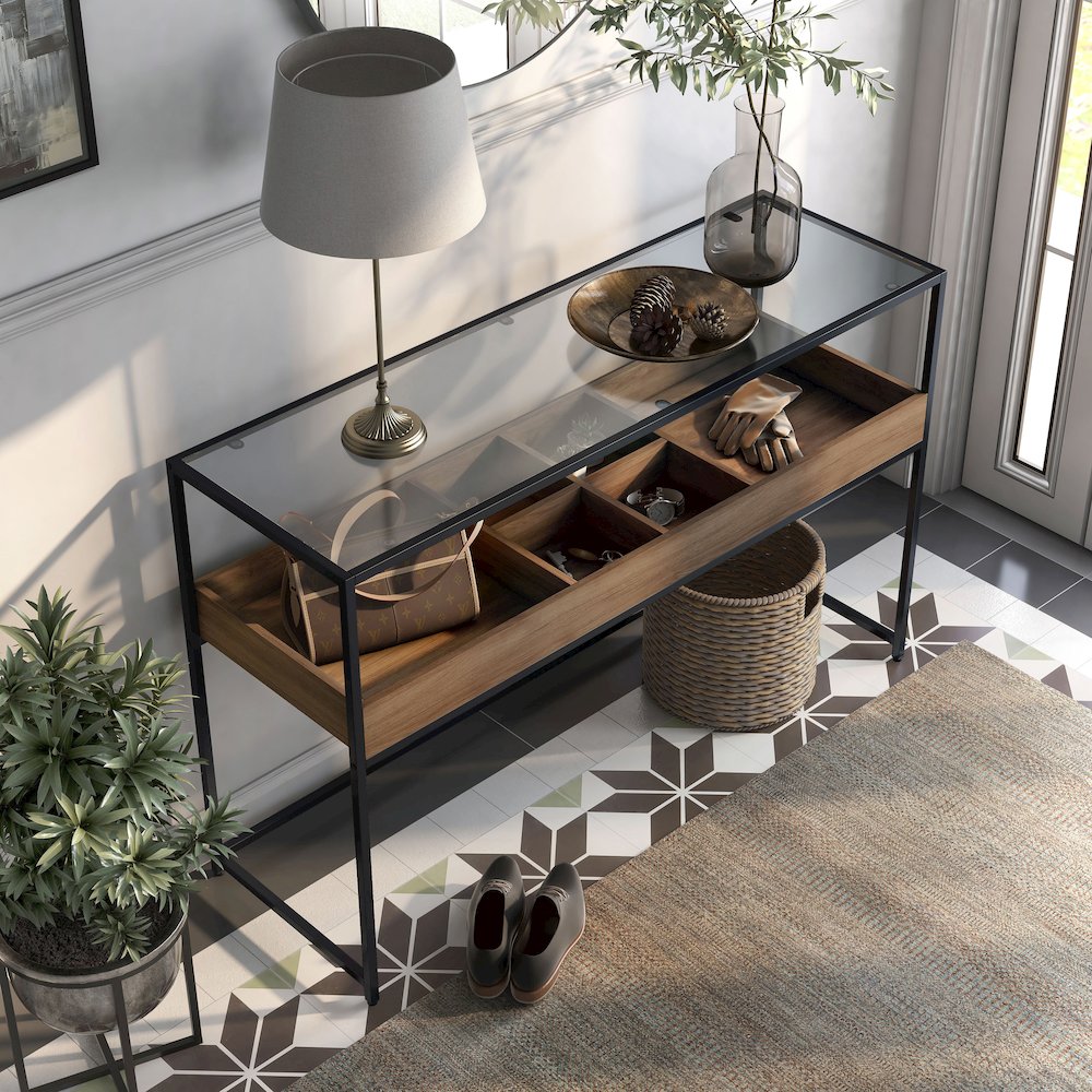 Jeska Rustic Metal Sofa Table with Storage in Matte Black and Brown. Picture 4
