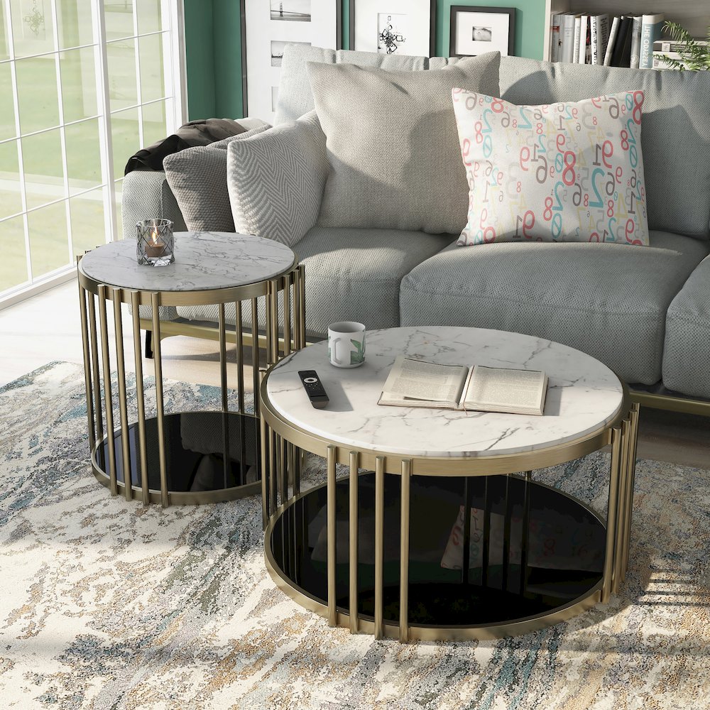 Kual Contemporary Metal 2-Piece Coffee Table Set in Brass. Picture 4