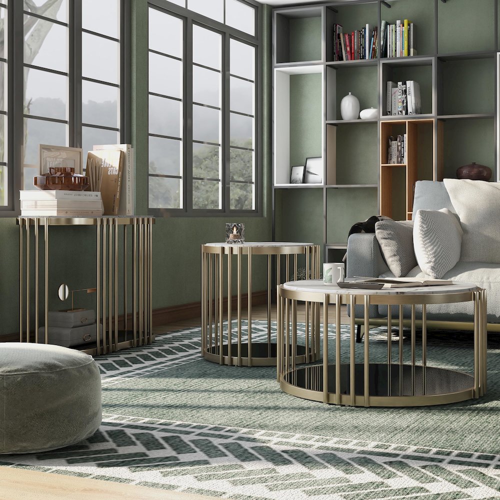 Kual Contemporary Metal 3-Piece Coffee Table Set in Brass. Picture 2