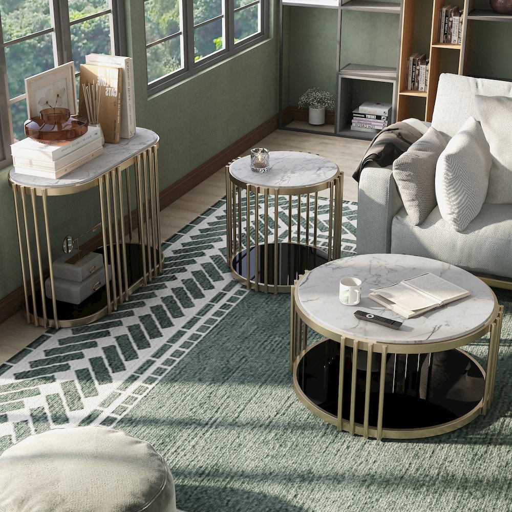 Kual Contemporary Metal 3-Piece Coffee Table Set in Brass. Picture 3