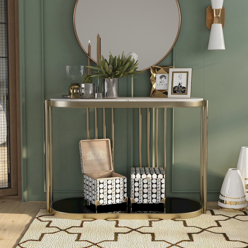 Kual Contemporary Metal 1-Shelf Console Table in Brass. Picture 4