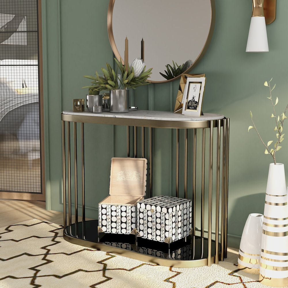 Kual Contemporary Metal 1-Shelf Console Table in Brass. Picture 5