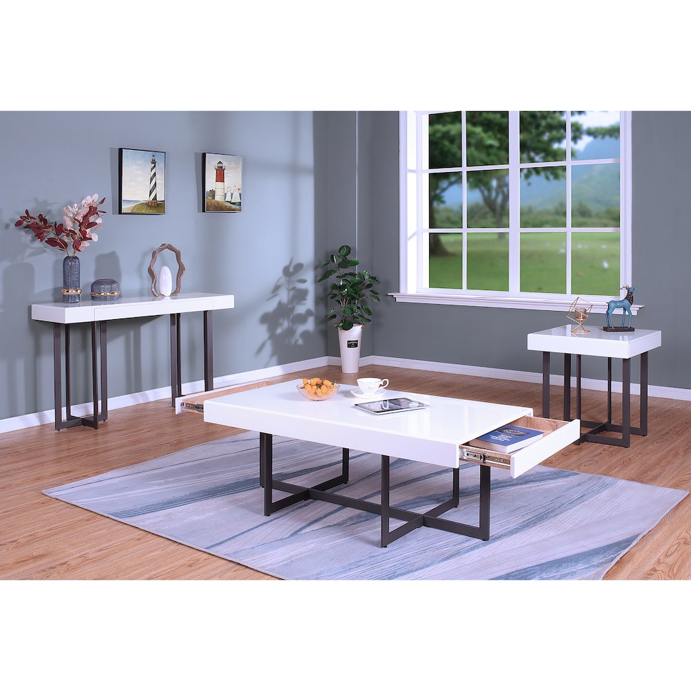 Vasket Contemporary Metal 3-Piece Coffee Table Set in White. Picture 3