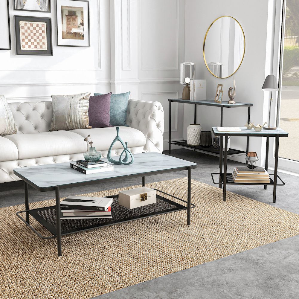 Joaquin Metal 3-Piece Coffee Table Set in Black and White. Picture 2