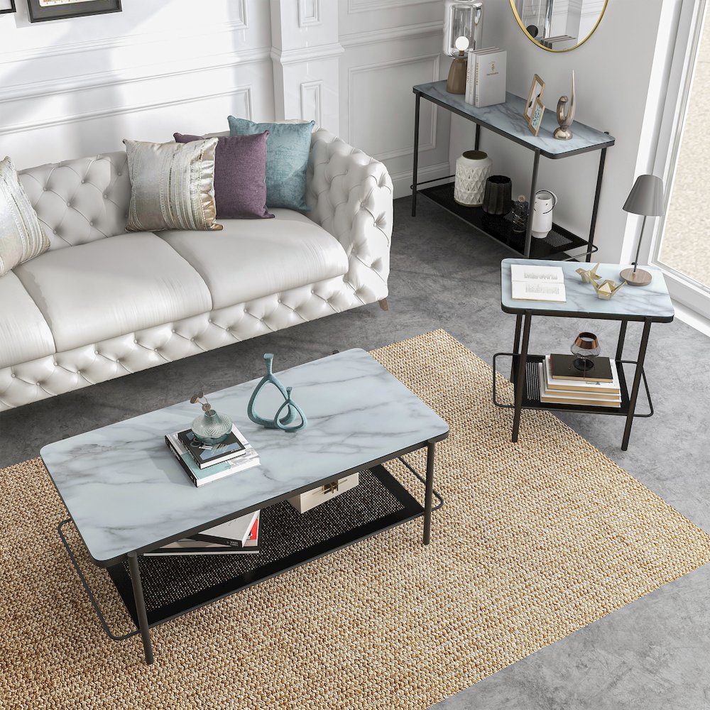 Joaquin Metal 3-Piece Coffee Table Set in Black and White. Picture 3
