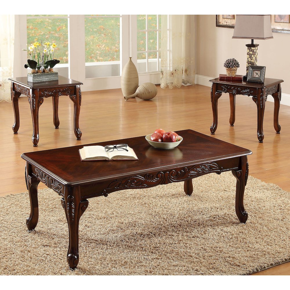 Alice Traditional Solid Wood 3-Piece Coffee Table Set in Dark Cherry. Picture 2