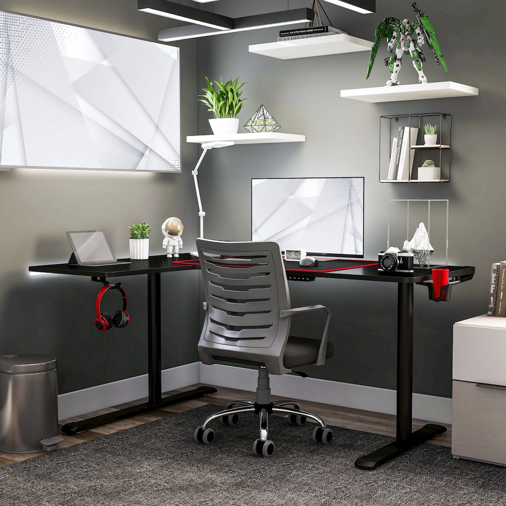 Valay Modern Metal Gaming Desk with Outlets in Black. Picture 4