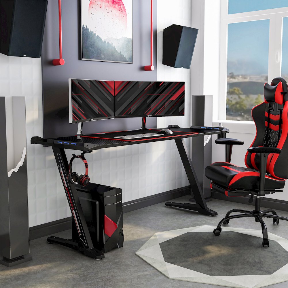Almly Modern Metal Gaming Desk with Outlets in Black. Picture 4