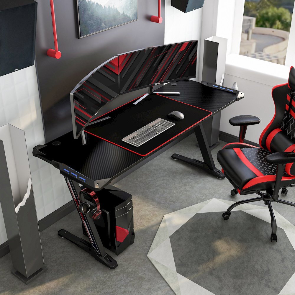 Almly Modern Metal Gaming Desk with Outlets in Black. Picture 5
