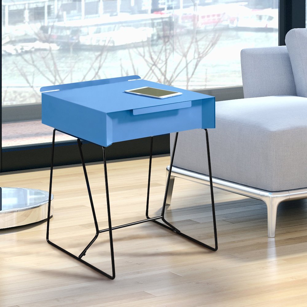 Eva Contemporary Metal 1-Drawer End Table in Blue. Picture 2