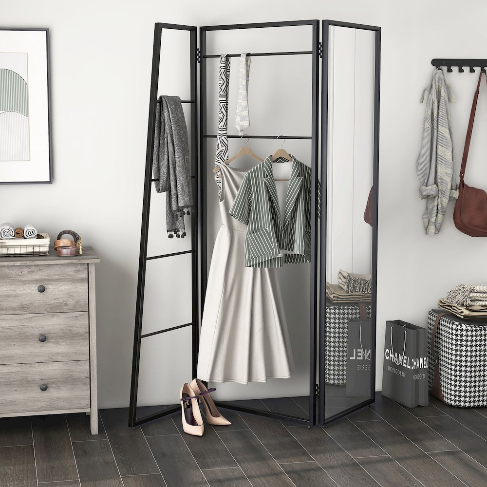 Andora Industrial Metal Coat Stand with Mirror in Black and White. Picture 4
