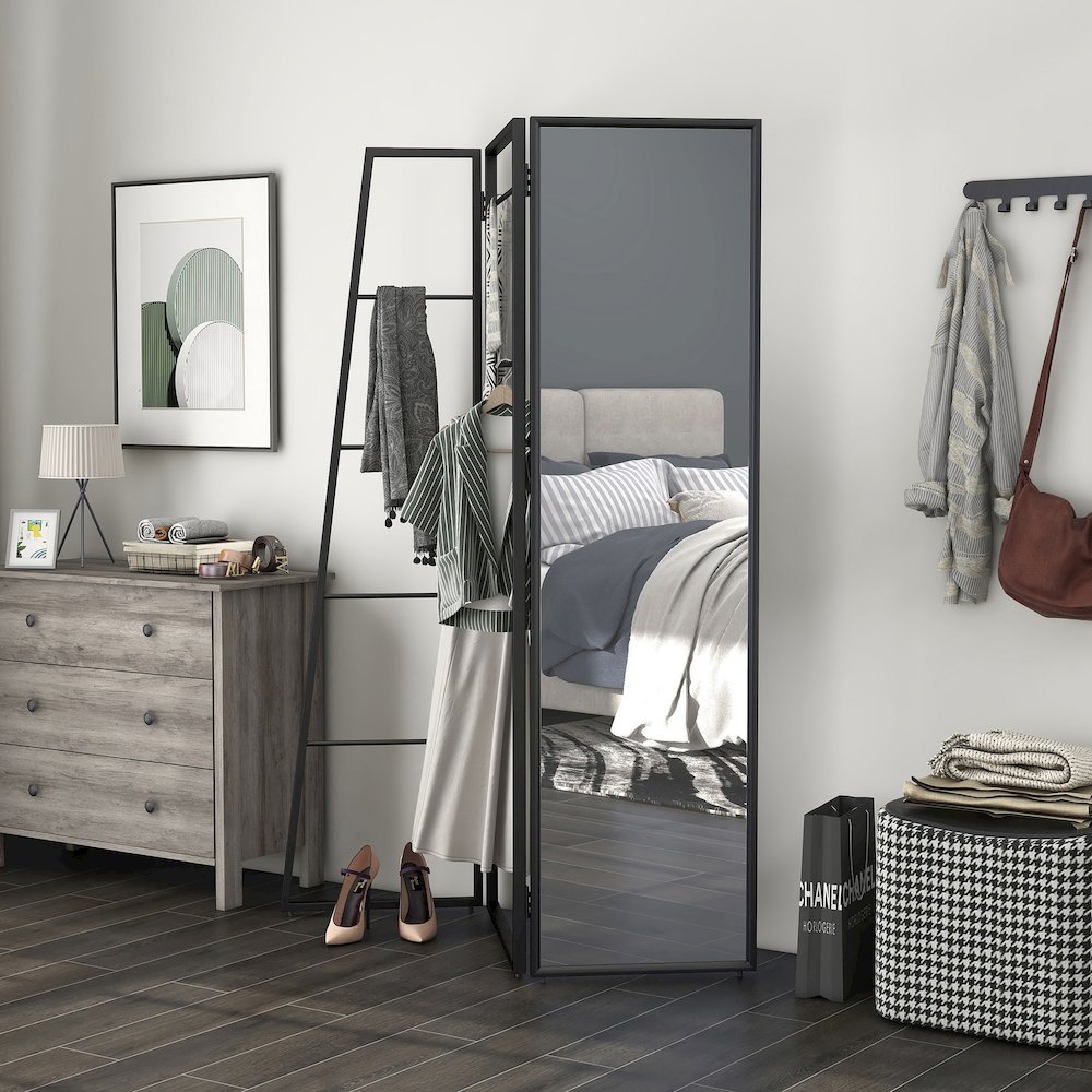 Andora Industrial Metal Coat Stand with Mirror in Black and White. Picture 5