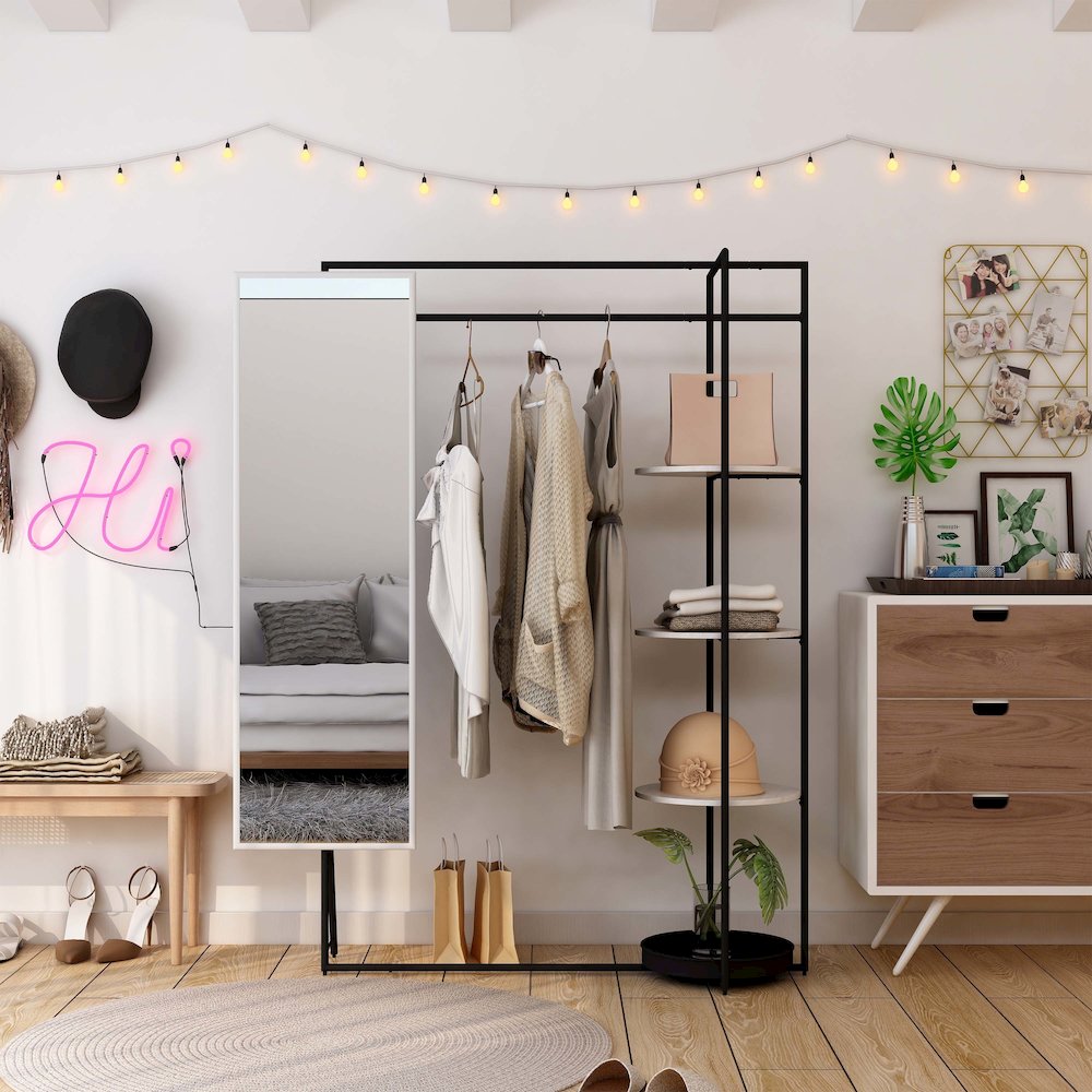 Jovie Industrial Metal Coat Stand with Mirror in White. Picture 4