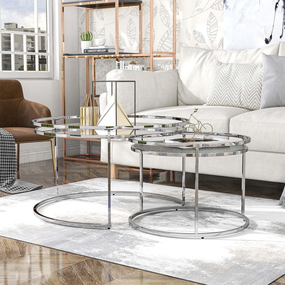 Vroma Metal Glass Top 2-Piece Nesting Table Set. Picture 3