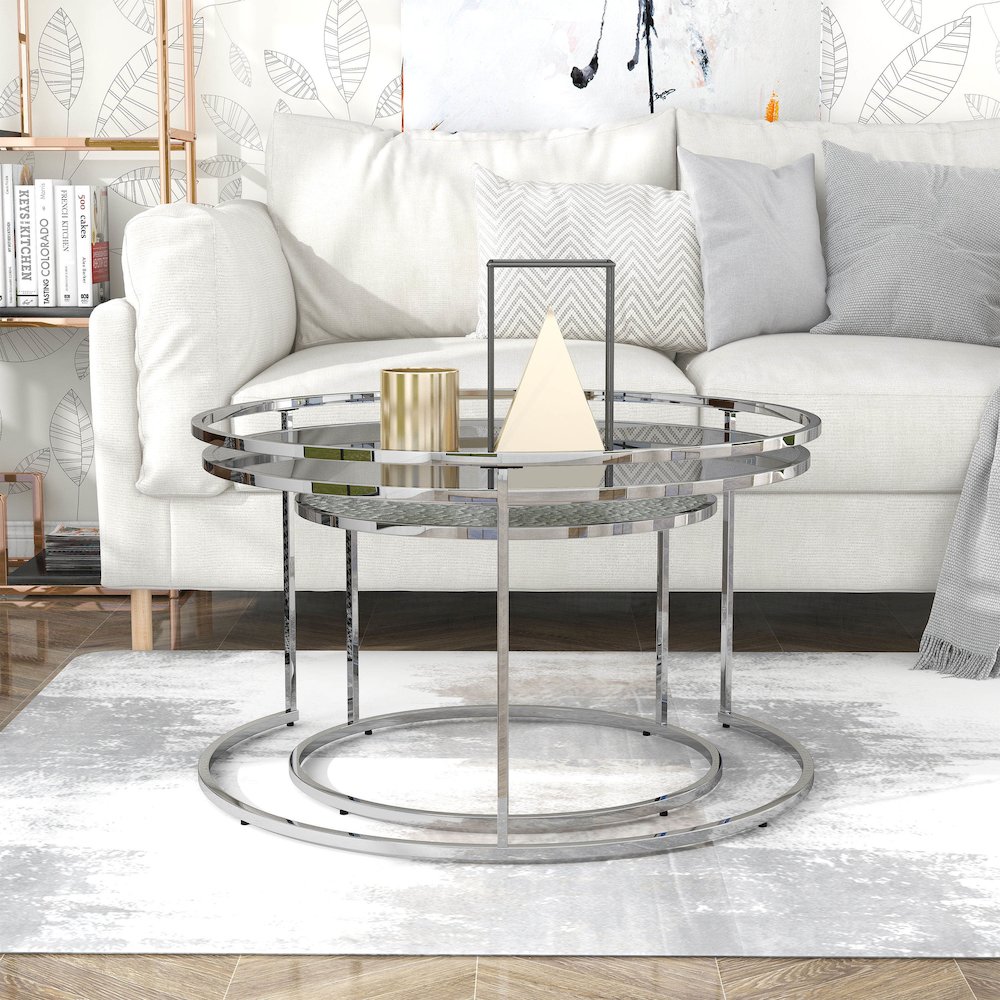 Vroma Metal Glass Top 2-Piece Nesting Table Set. Picture 4