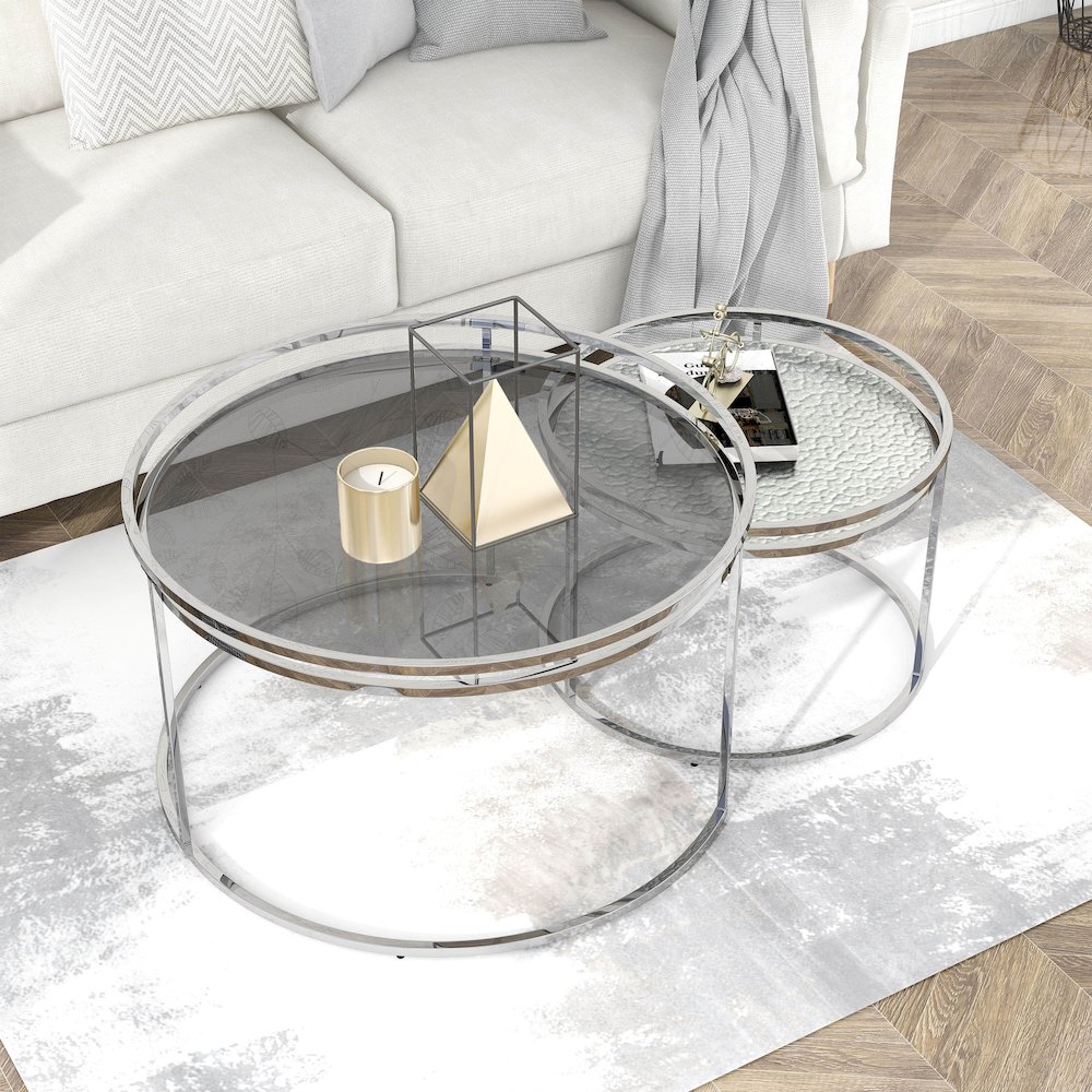 Vroma Metal Glass Top 2-Piece Nesting Table Set. Picture 3