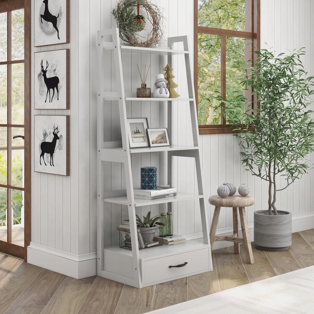 Ploomer Transitional Wood 1-Drawer Bookcase in White. Picture 3