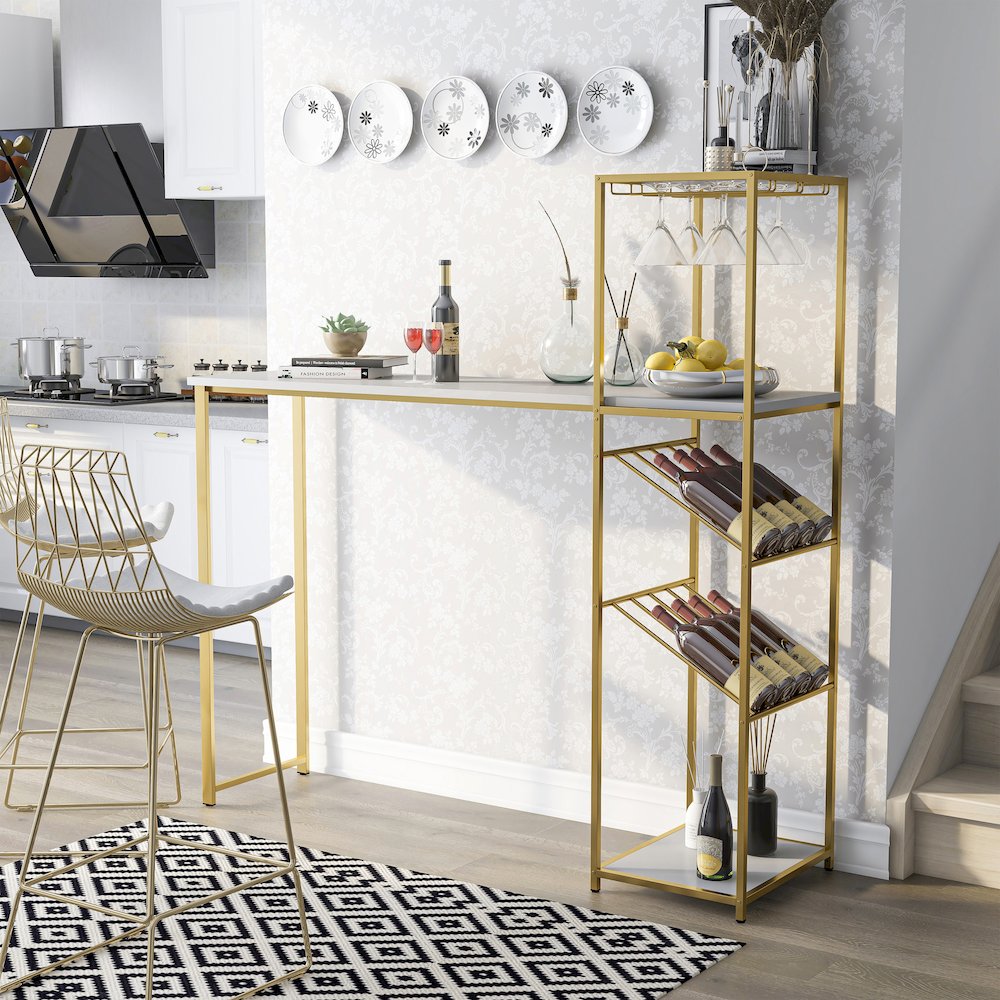 Regea Contemporary Metal Bar Table with Wine Shelf in Gold and White. Picture 3