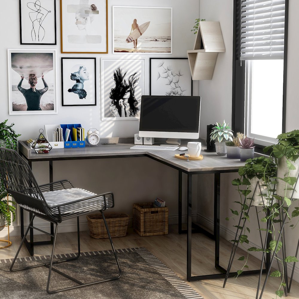 Timor Modern Wood Corner Computer Desk with USB in Gray. Picture 2