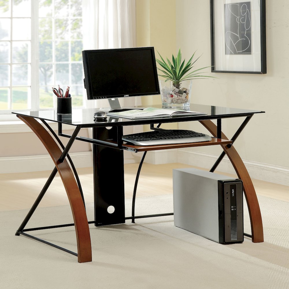 Kyran Contemporary Glass Top Computer Desk in Oak and Black. Picture 4