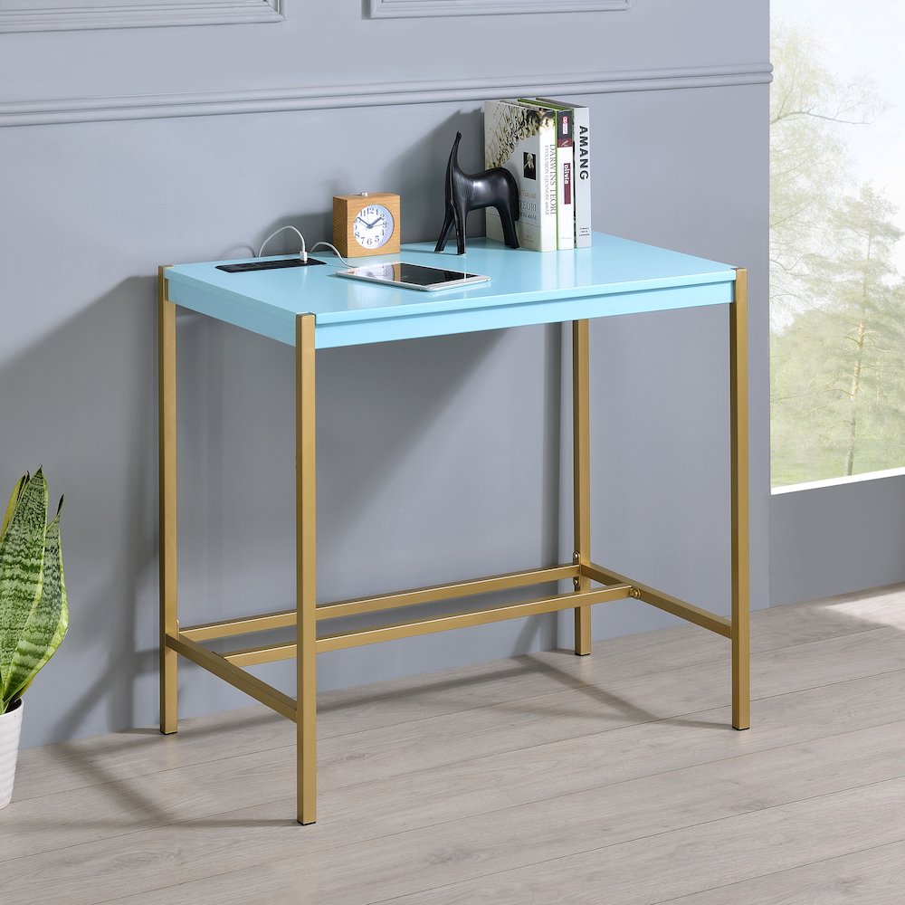 Grae Wood Writing Desk with USB Port in Aruba Blue. Picture 4