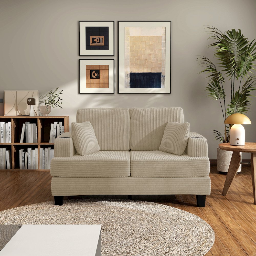 Reese Chenille Loveseat with Cup Holders, Beige. Picture 4