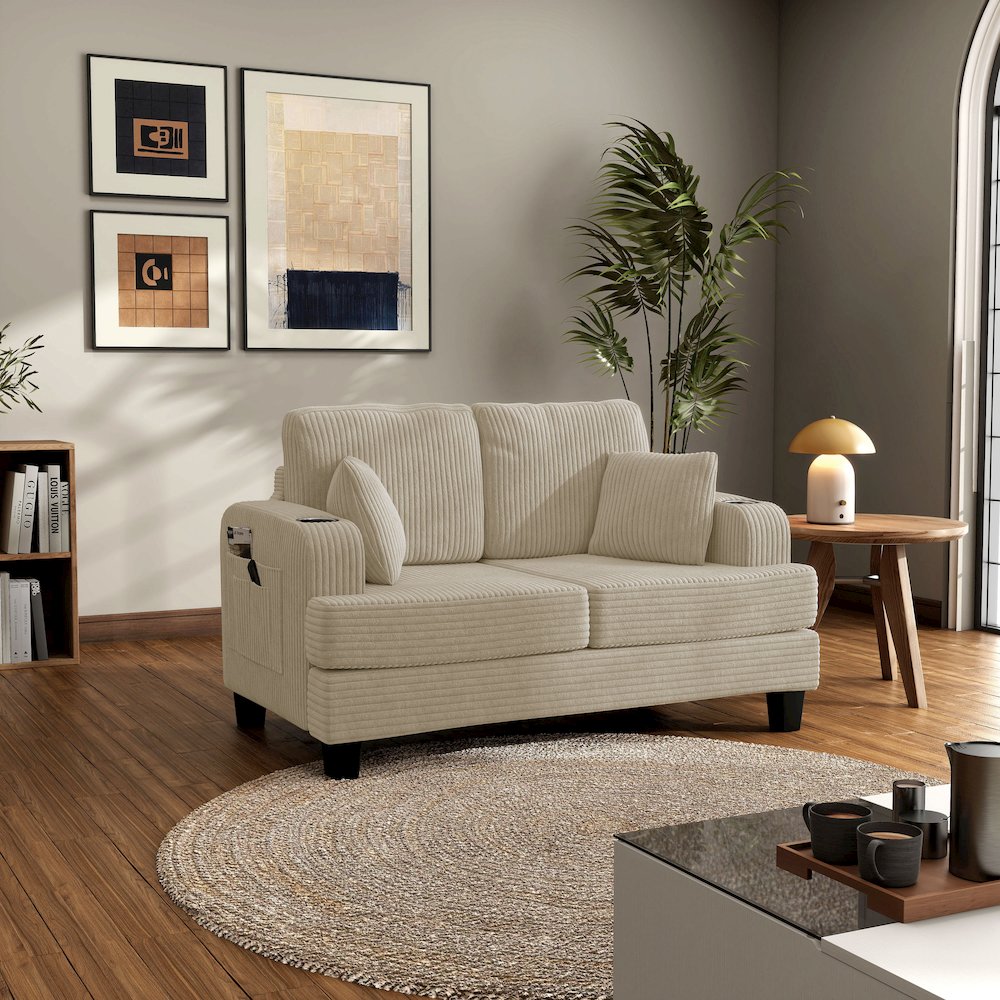 Reese Chenille Loveseat with Cup Holders, Beige. Picture 5