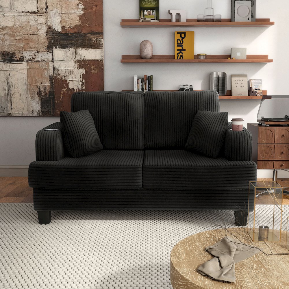 Reese Chenille Loveseat with Cup Holders, Black. Picture 4