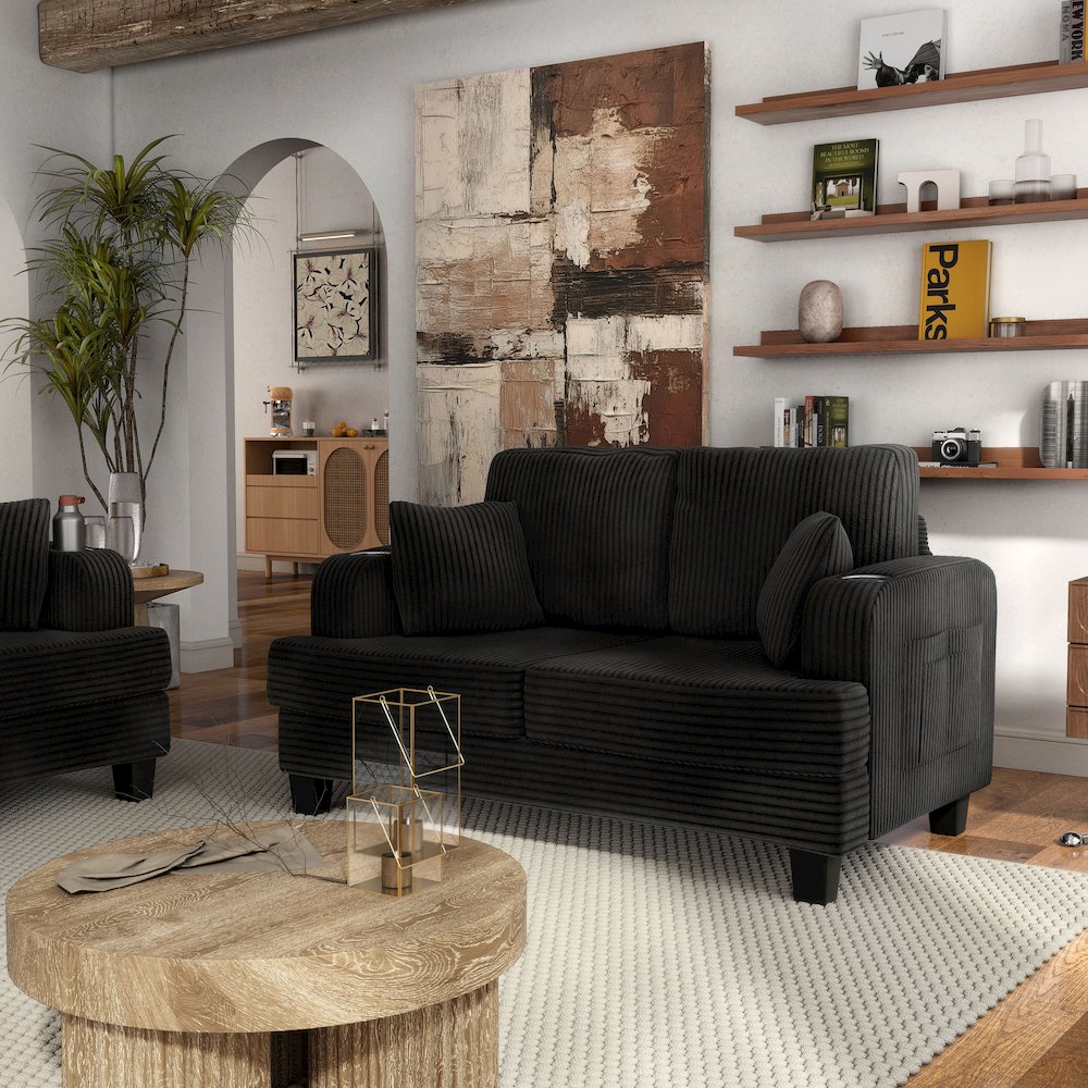 Reese Chenille Loveseat with Cup Holders, Black. Picture 5