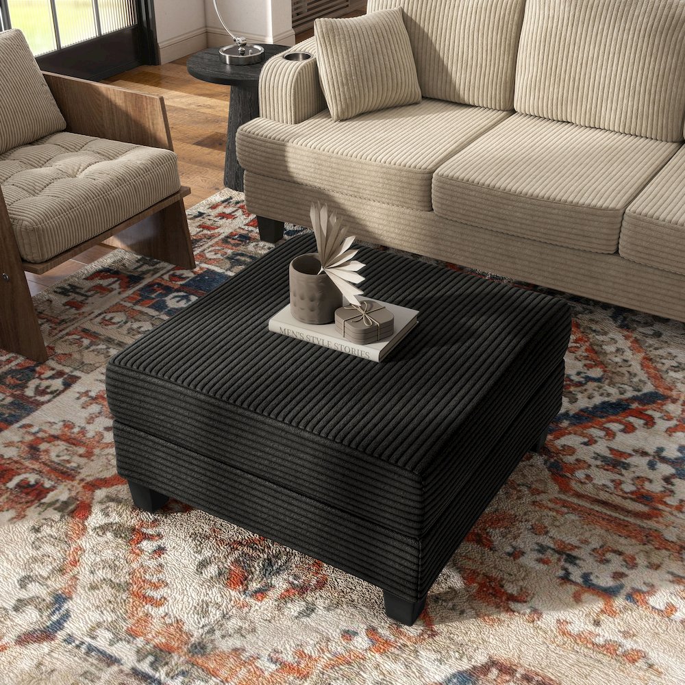Reese Wood Frame Chenille Storage Ottoman, Black. Picture 5