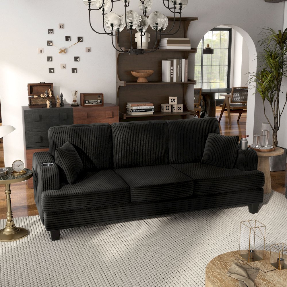 Reese Chenille Sofa with Cup Holders and USBs, Black. Picture 4