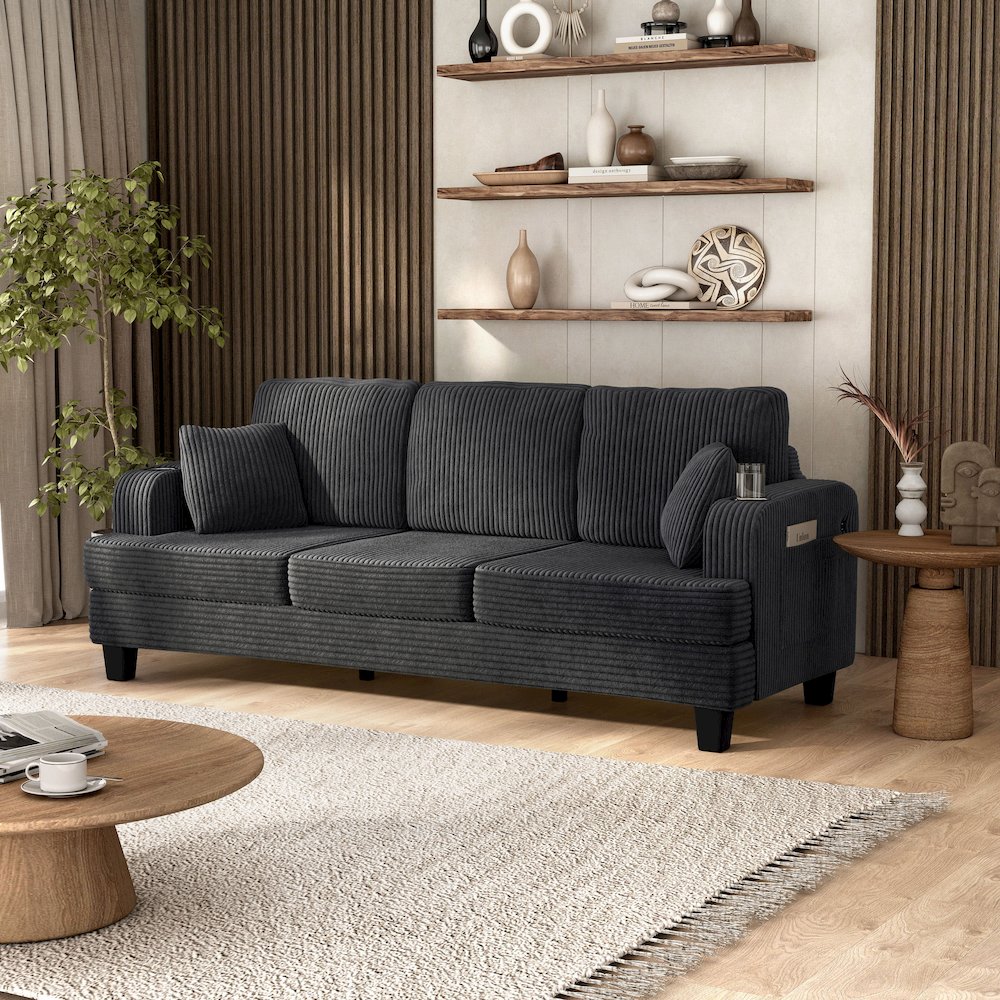 Reese Chenille Sofa with Cup Holders and USBs, Grey. Picture 4