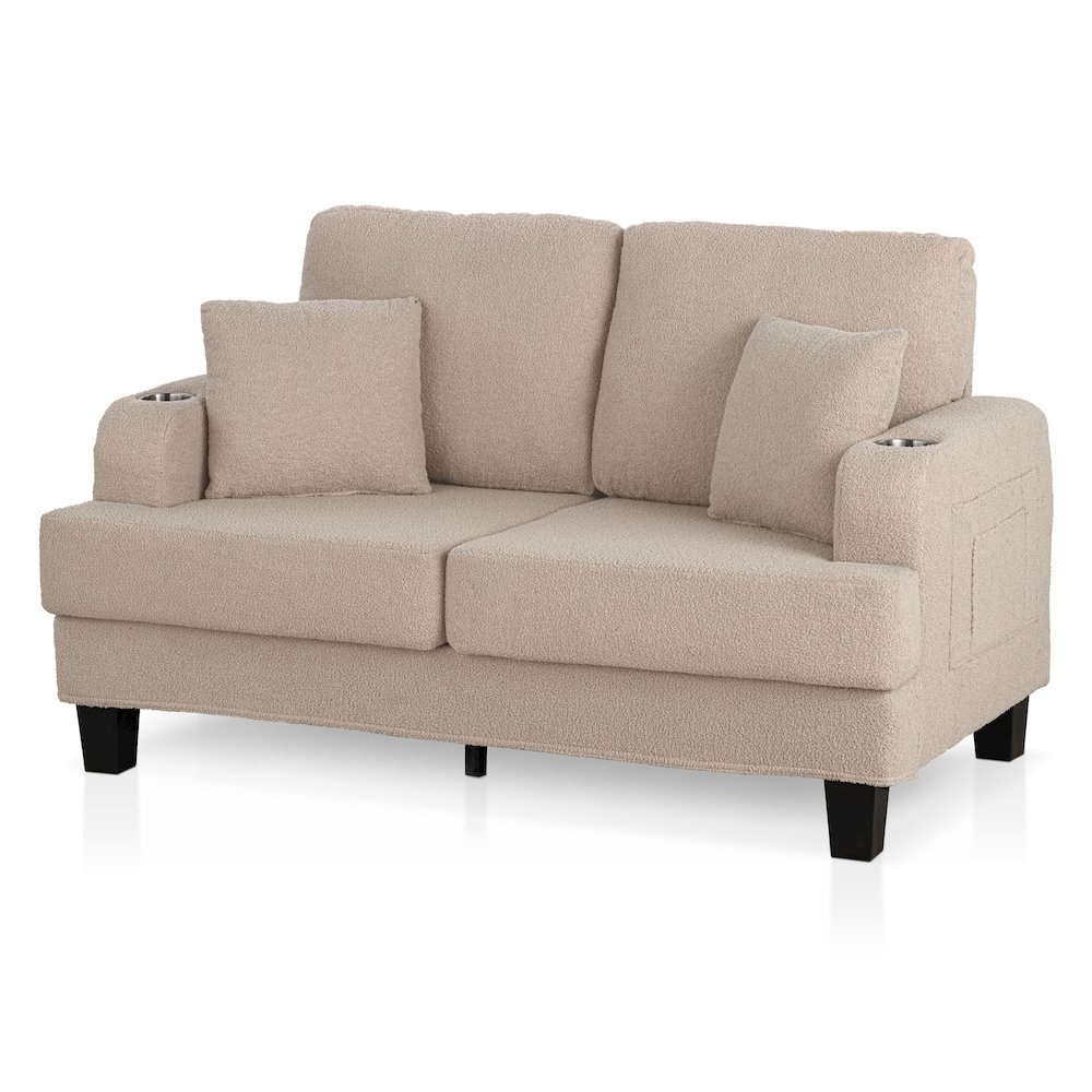 Reese Wood Frame Fabric Loveseat with Cup Holders, Beige. Picture 1