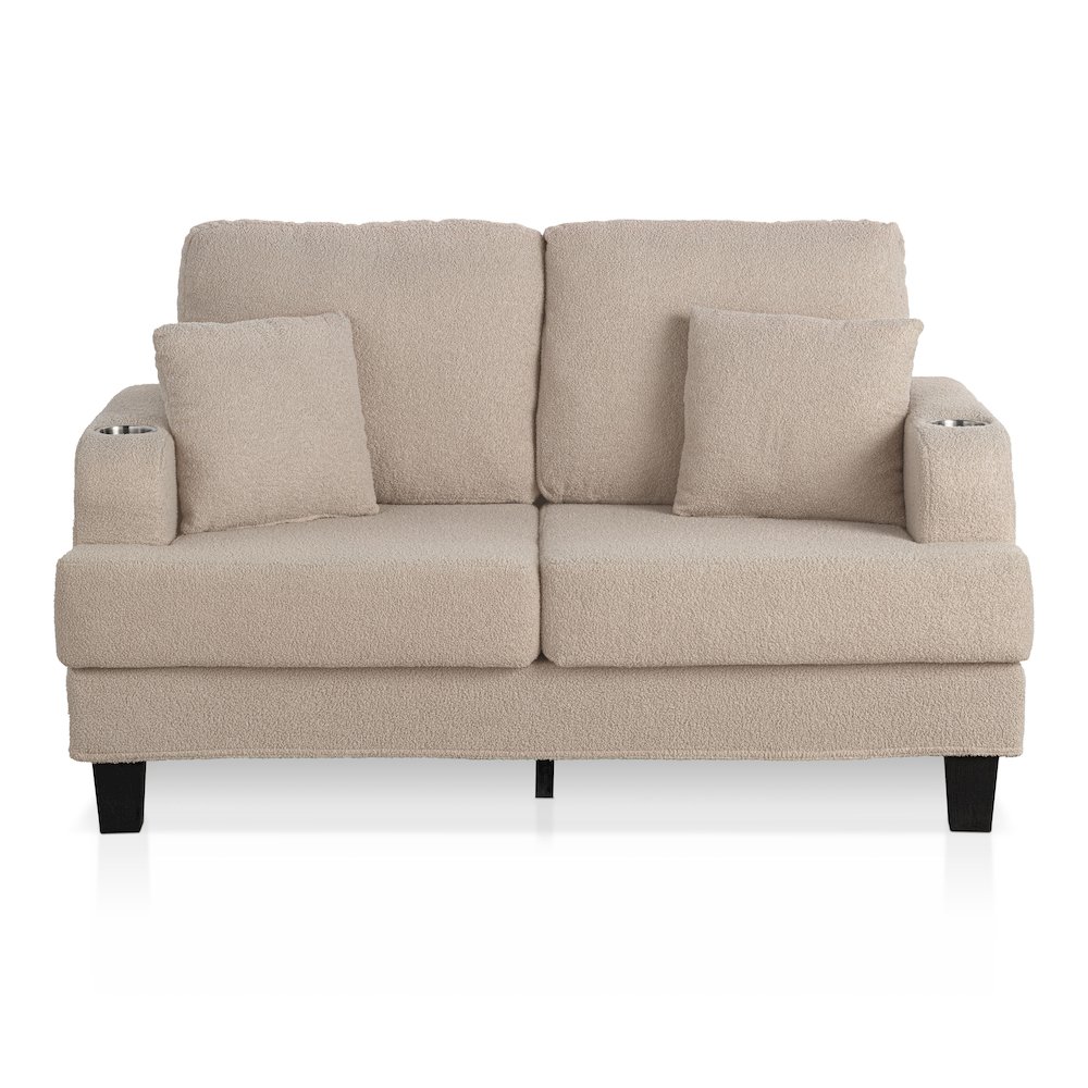 Reese Wood Frame Fabric Loveseat with Cup Holders, Beige. Picture 2