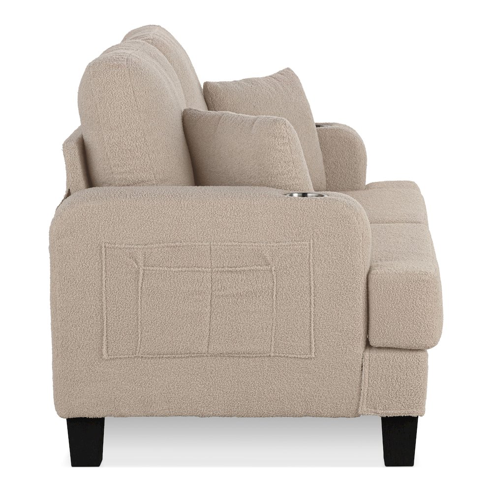Reese Wood Frame Fabric Loveseat with Cup Holders, Beige. Picture 3