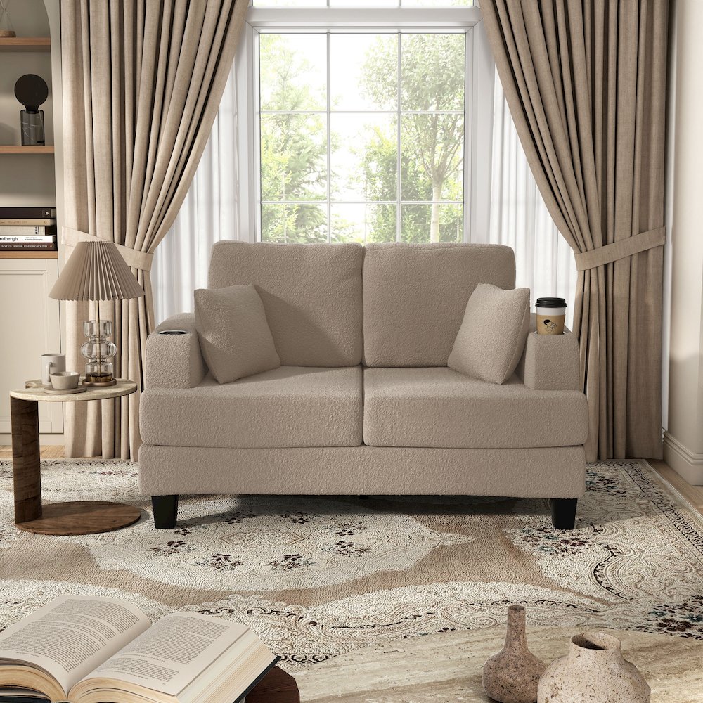 Reese Wood Frame Fabric Loveseat with Cup Holders, Beige. Picture 4