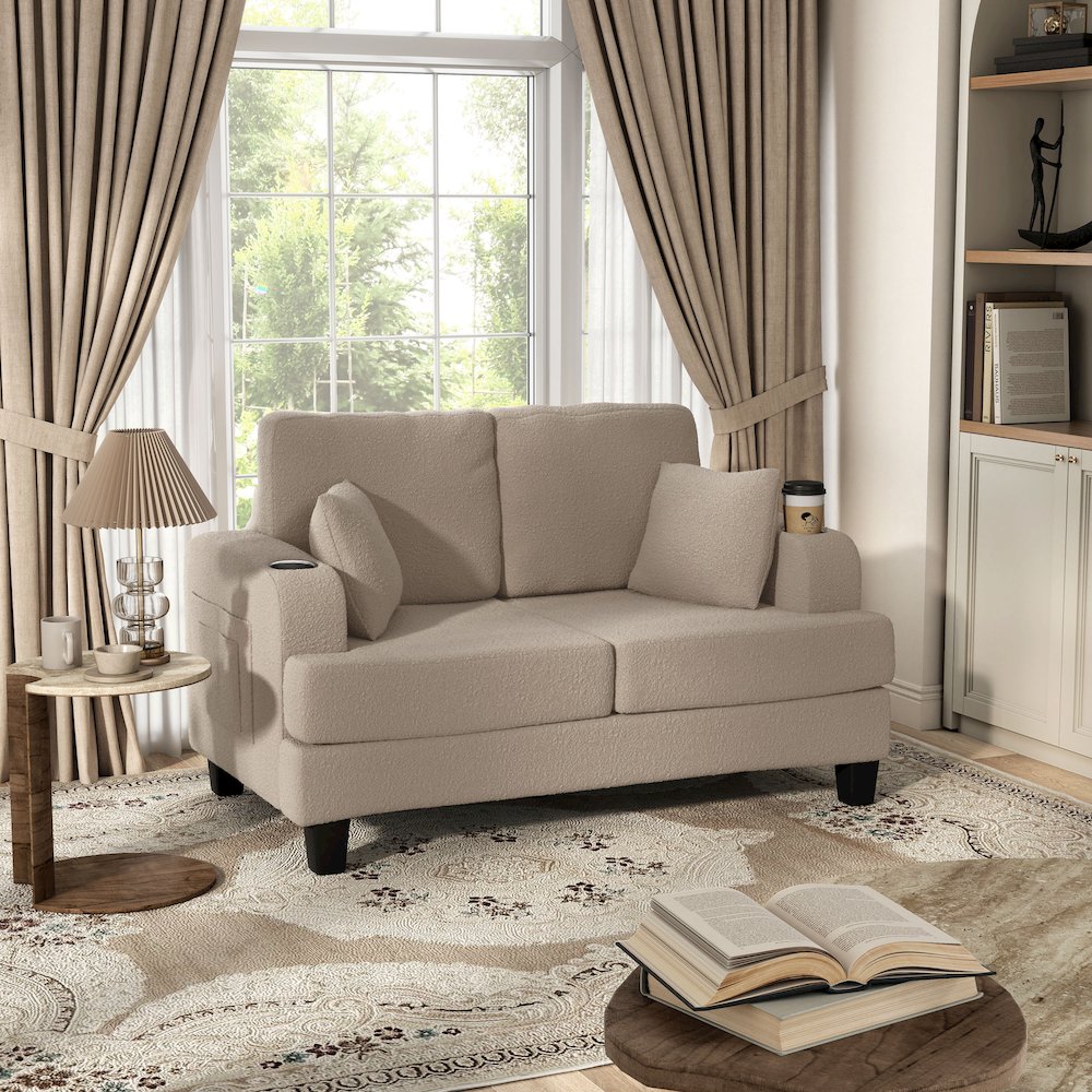Reese Wood Frame Fabric Loveseat with Cup Holders, Beige. Picture 5
