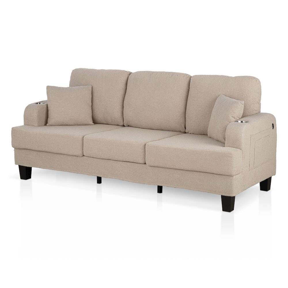 Reese Wood Frame Fabric Sofa with Cup Holders and USBs, Beige. Picture 1