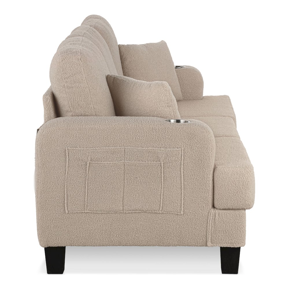 Reese Wood Frame Fabric Sofa with Cup Holders and USBs, Beige. Picture 3