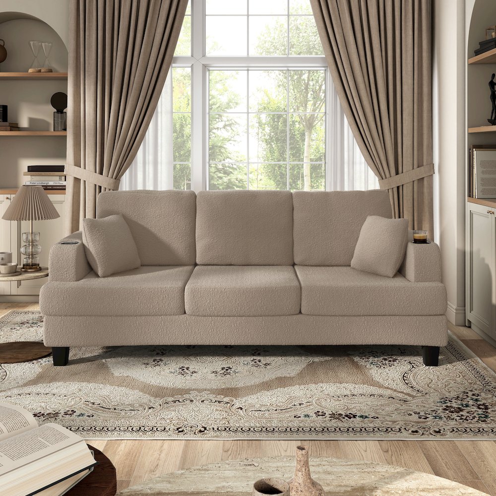 Reese Wood Frame Fabric Sofa with Cup Holders and USBs, Beige. Picture 4