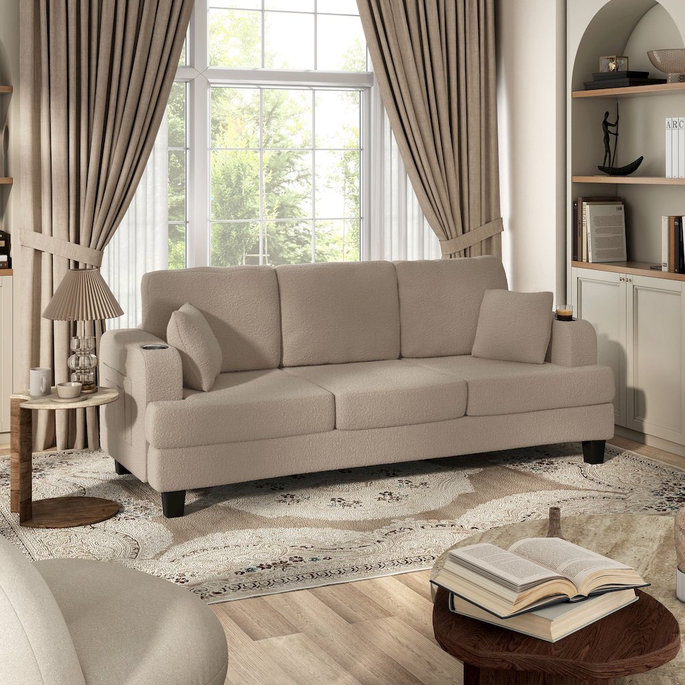 Reese Wood Frame Fabric Sofa with Cup Holders and USBs, Beige. Picture 5