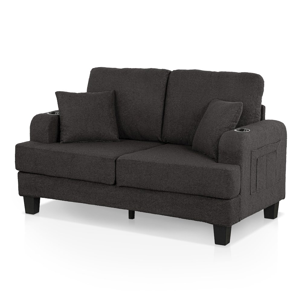 Reese Wood Frame Fabric Loveseat with Cup Holders, Grey. Picture 1