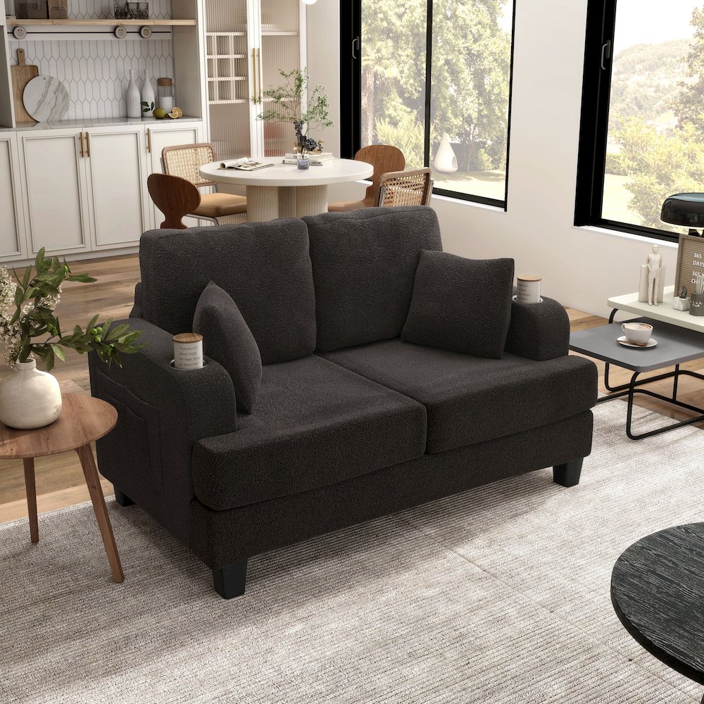 Reese Wood Frame Fabric Loveseat with Cup Holders, Grey. Picture 4